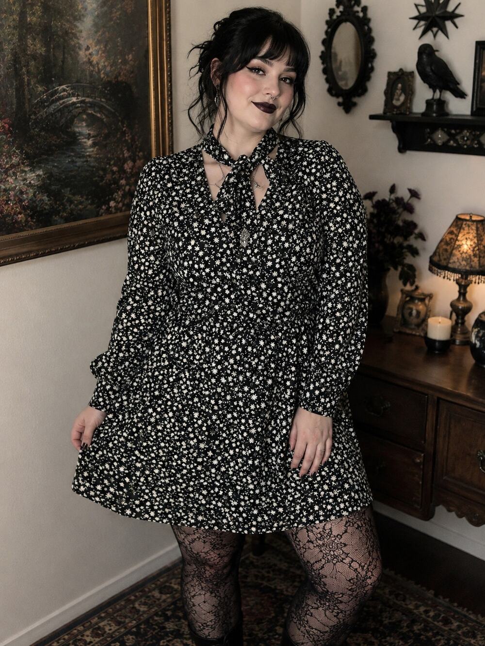Scoop XL 16-18 Black Floral Bow Neck Mini Dress Whimsigoth Romantic Boho